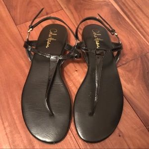 Cole Haan Black Patent T Strap Flat Sandals